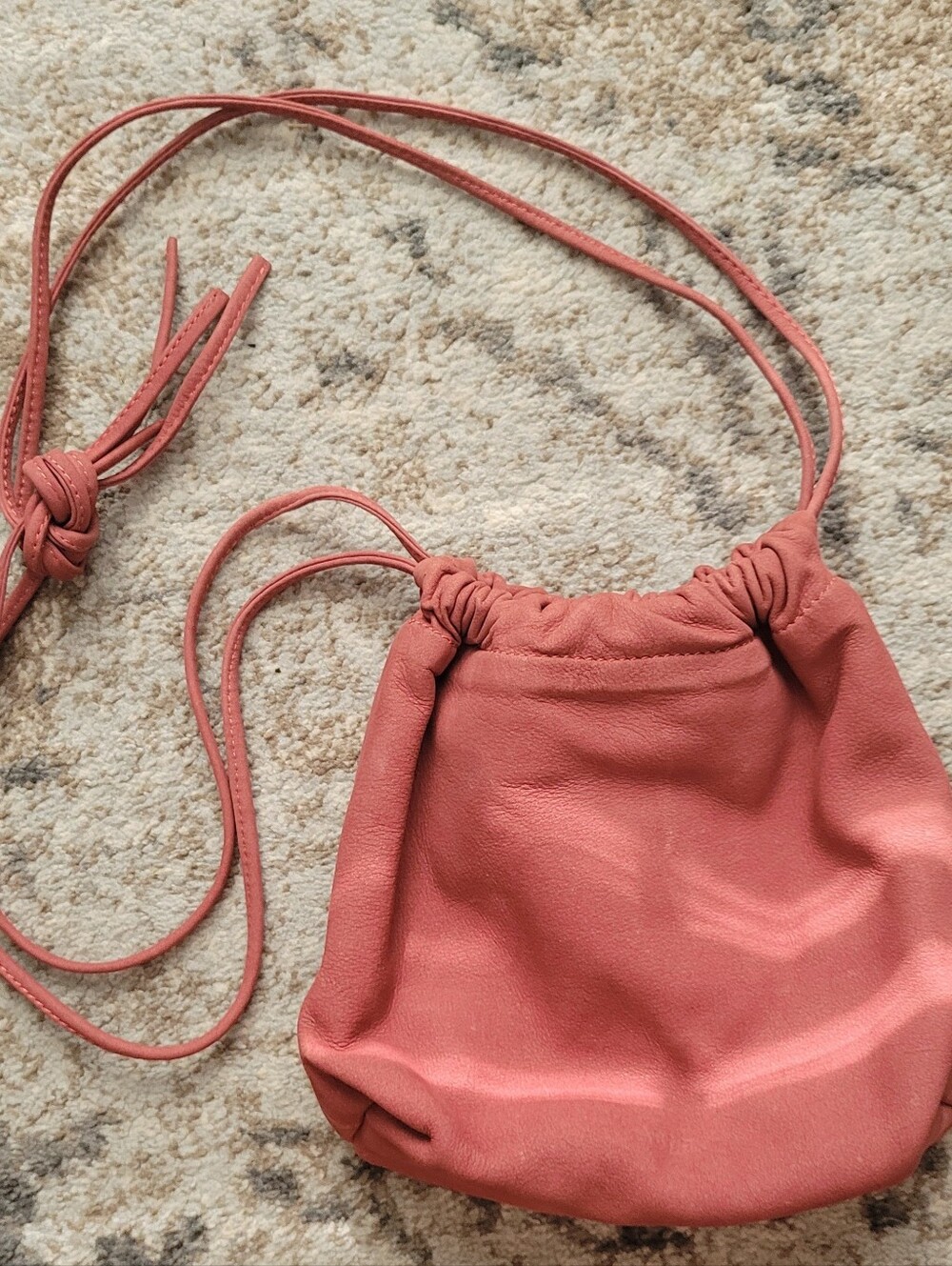 Able Dusty Rose Leather Drawstring Bucket Bag Crossbody Boho